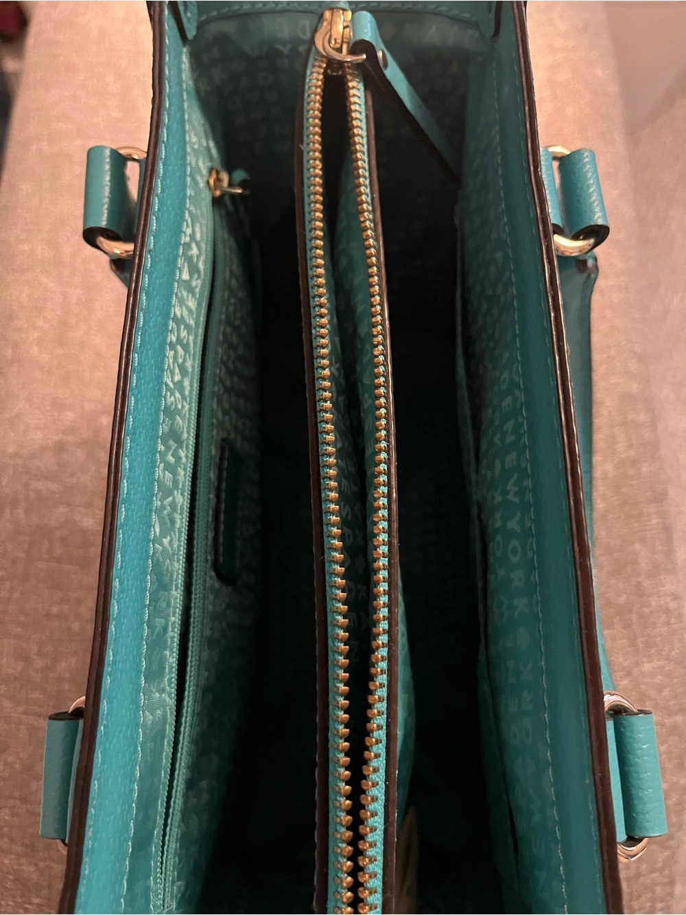 kate spade teal/turquoise leather satchel with gold-tone hardware . - Picture 4 of 5